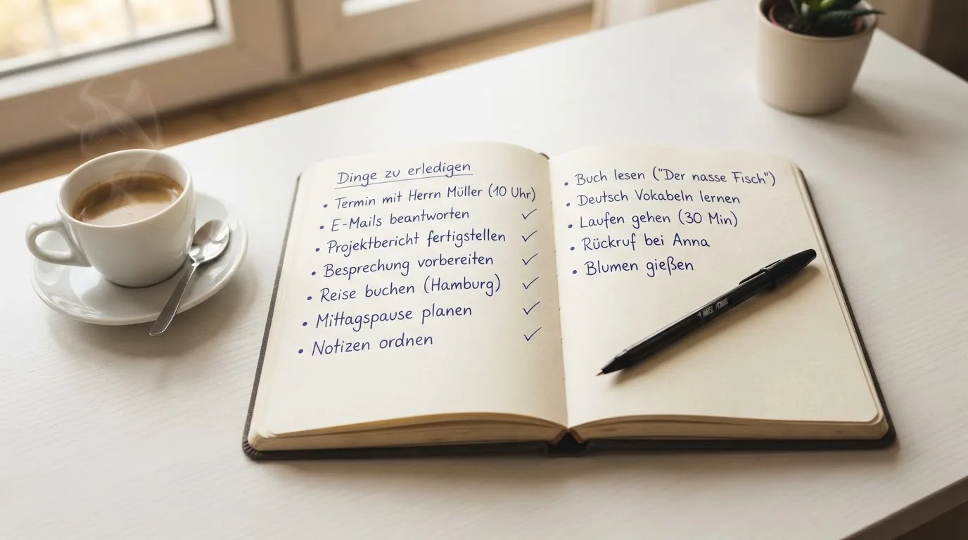 Ein aufgeschlagenes Notizbuch mit handschriftlichen Notizen und ein Kugelschreiber liegen auf einem hellen Schreibtisch neben einer Kaffeetasse.