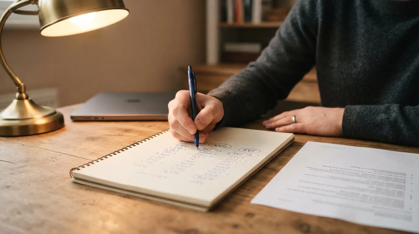 Ein Taschenrechner und ein Blatt Papier mit handschriftlichen Notizen liegen auf einem Schreibtisch unter dem warmen Licht einer Lampe.