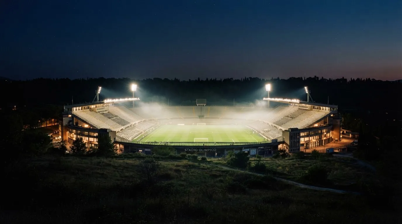 Ein Stadion unter Flutlicht bei Nacht, von einem Hügel aus der Ferne betrachtet, mit Dunst über dem Spielfeld.