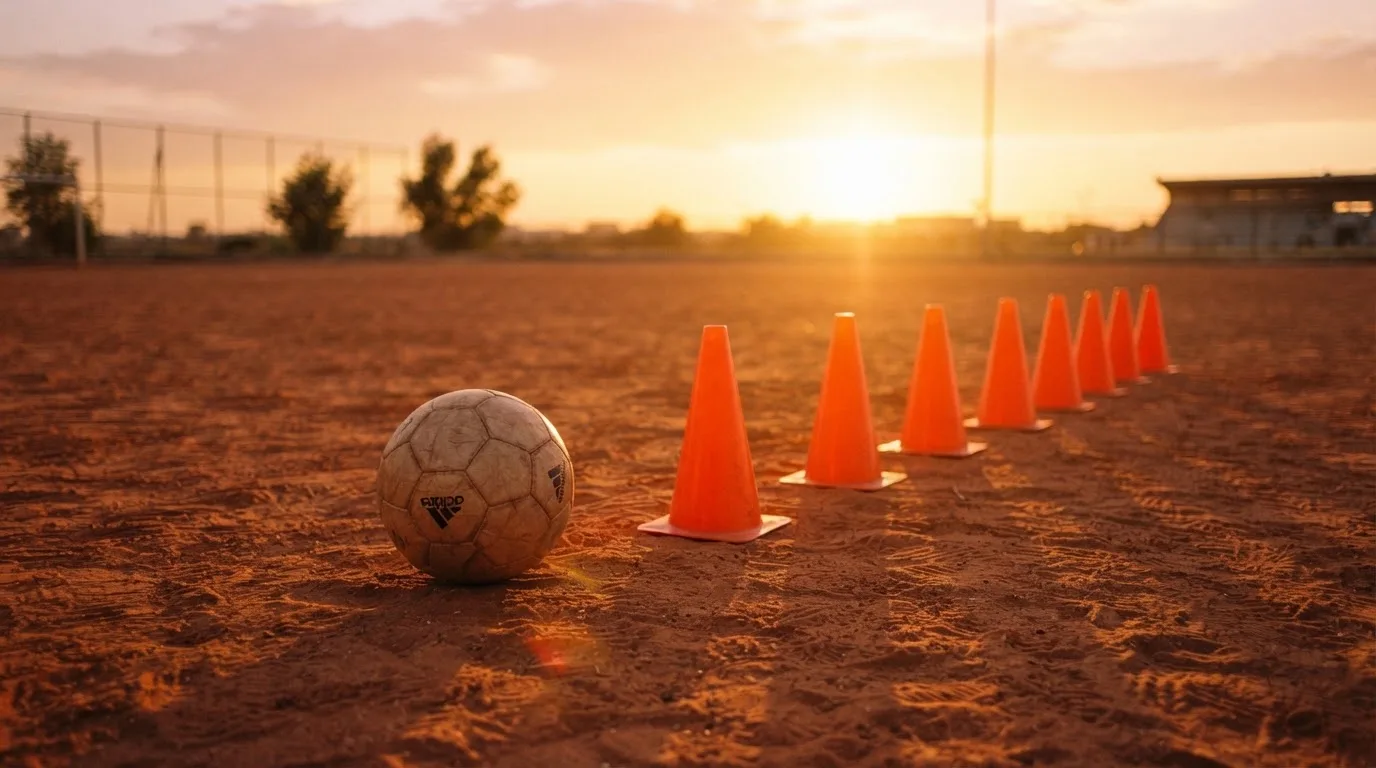Ein Fußball auf rotem Sandboden neben einer Reihe Hütchen auf einem Trainingsplatz bei untergehender Sonne.