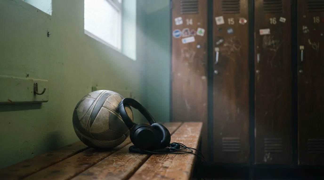 Ein Fußball liegt neben Kopfhörern auf einer Holzbank in einer Umkleide, Licht fällt durch ein schmales Fenster.