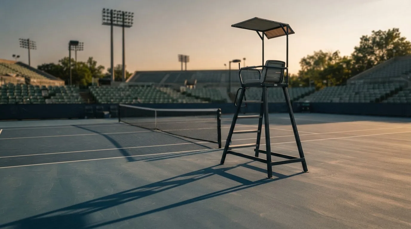 Ein leerer Schiedsrichterstuhl am Spielfeldrand eines Tennisplatzes im Abendlicht, lange Schatten auf dem Belag.