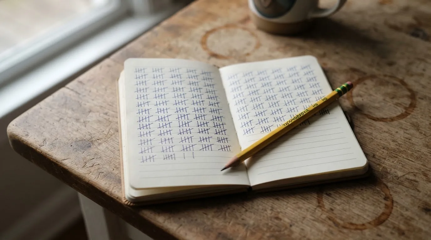 Ein handschriftlich geführtes Heft mit Strichlisten liegt neben einem Bleistift auf einem Tisch, seitlich fällt Tageslicht herein.