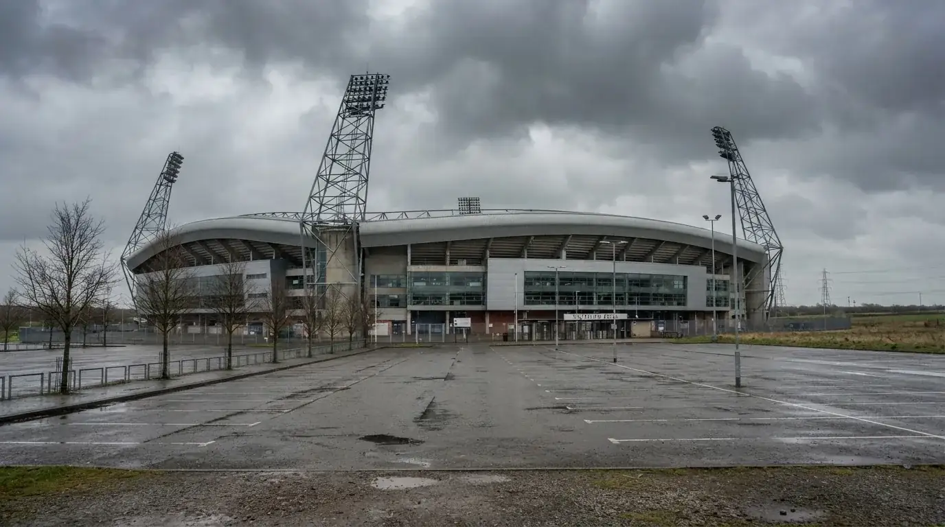 Ein leeres Stadion von außen, hohe Flutlichtmasten vor einem grauen Himmel mit Regenwolken.