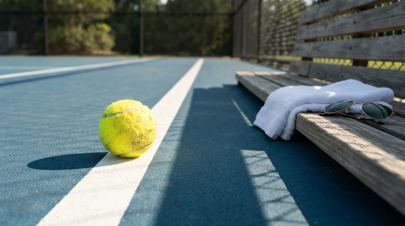 Ein gelber Tennisball liegt auf einer weißen Linie, daneben ein Handtuch auf einer Bank am Spielfeldrand.