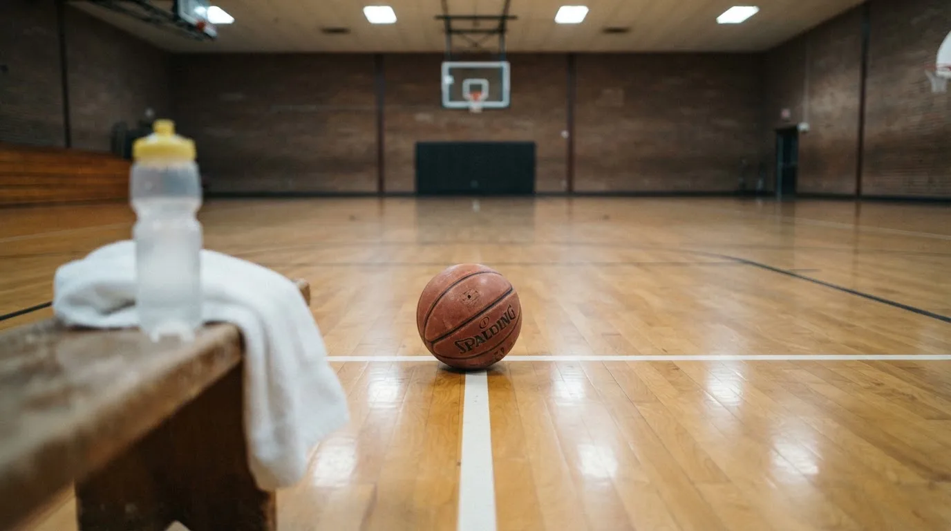 Ein Basketball liegt auf der Freiwurflinie einer Halle, im Vordergrund ein Handtuch auf einer Bank.