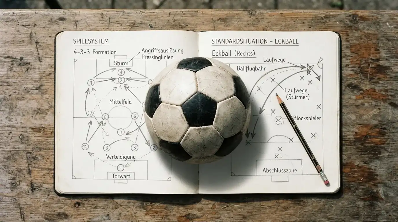 Ein Fußball liegt auf einem Notizbuch mit handgezeichneten Skizzen von Spielzügen, aufgenommen von oben auf einem Holztisch.
