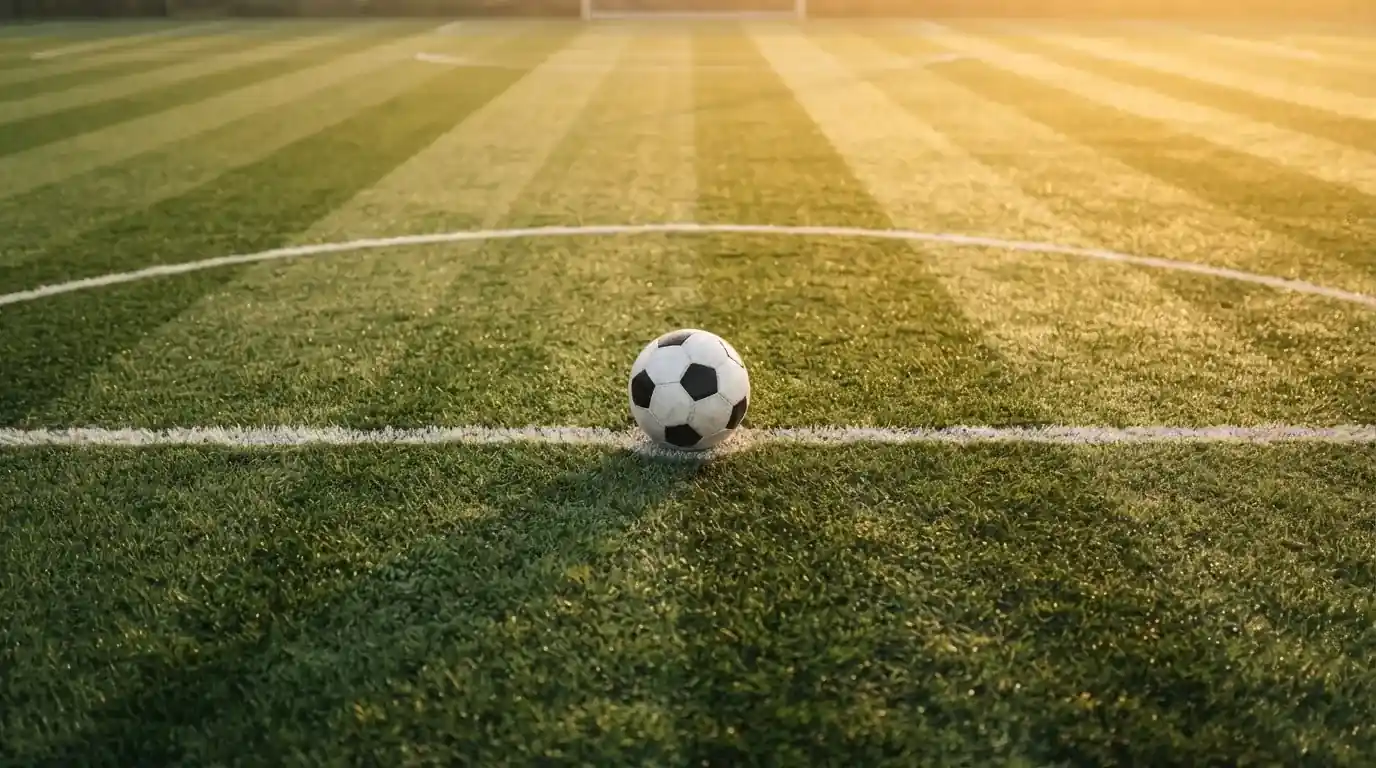 Ein Fußball liegt auf dem Anstoßpunkt eines Rasens bei Sonnenaufgang, Tau glitzert auf den Halmen.