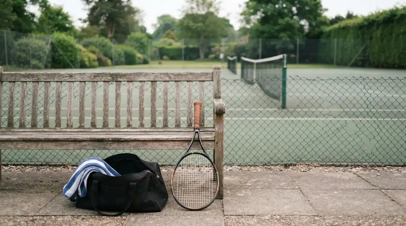 Ein Tennisschläger lehnt an einer Bank neben einer Sporttasche, im Hintergrund ein leerer Platz.