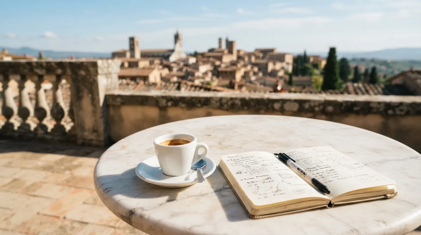 Eine Espressotasse steht auf einem kleinen Marmortisch einer Terrasse, daneben ein Notizheft mit handschriftlichen Skizzen.