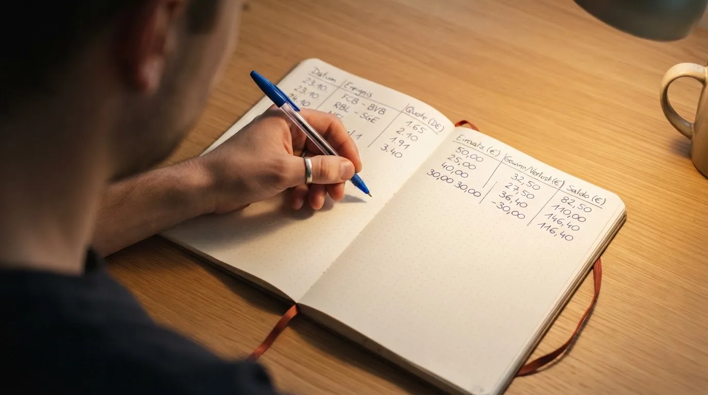 Ein Notizbuch mit handschriftlichen Rechnungen und ein Taschenrechner liegen auf einem aufgeräumten Schreibtisch in warmem Licht.