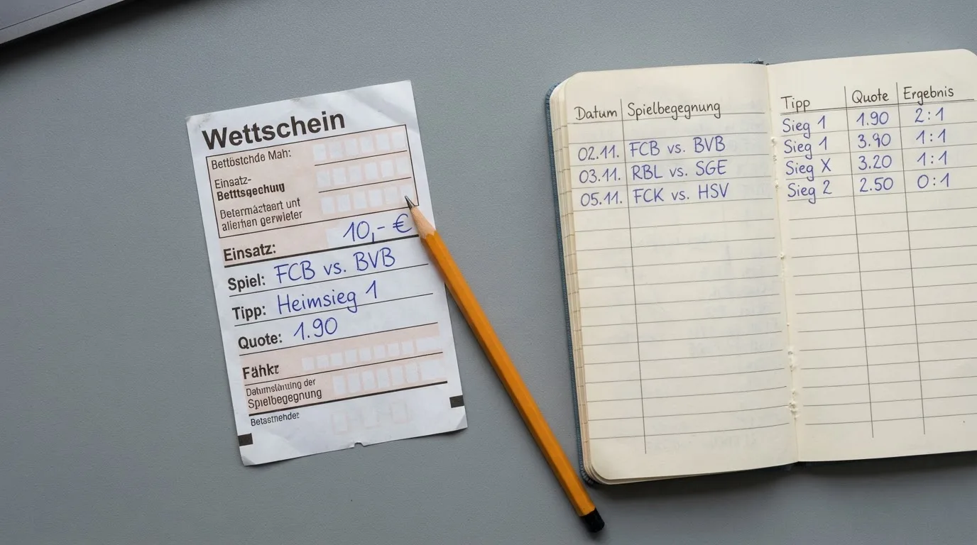 Ein Taschenrechner, ein Bleistift und ein Block mit handschriftlichen Zahlenreihen liegen auf einer grauen Arbeitsfläche.