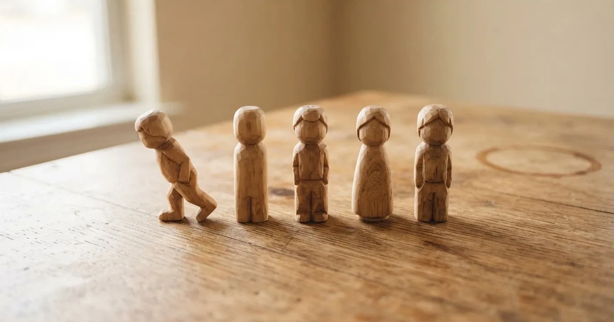 Fünf Holzfiguren stehen in einer Reihe auf einem Tisch, die erste Figur ist leicht nach vorn gerückt.