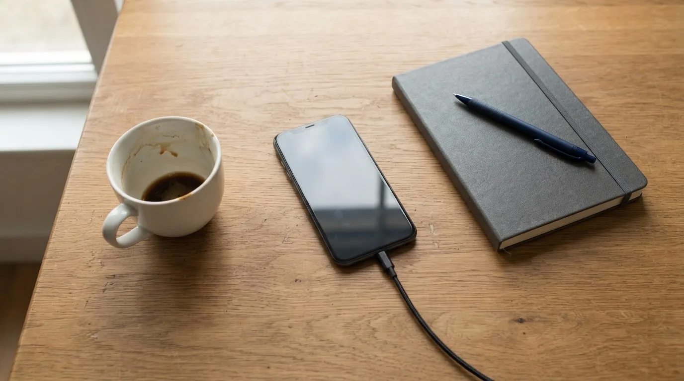 Ein Smartphone liegt mit dunklem Display auf einem Schreibtisch neben einem Notizbuch und einer Kaffeetasse.