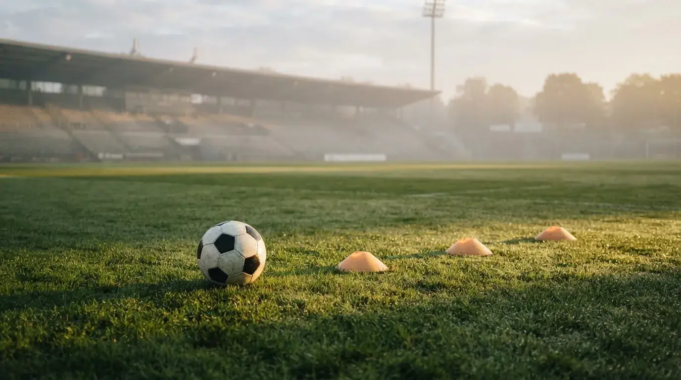 Ein Fußball liegt auf einem Rasenplatz bei Sonnenaufgang, daneben ein kleiner Stapel Trainingshütchen.
