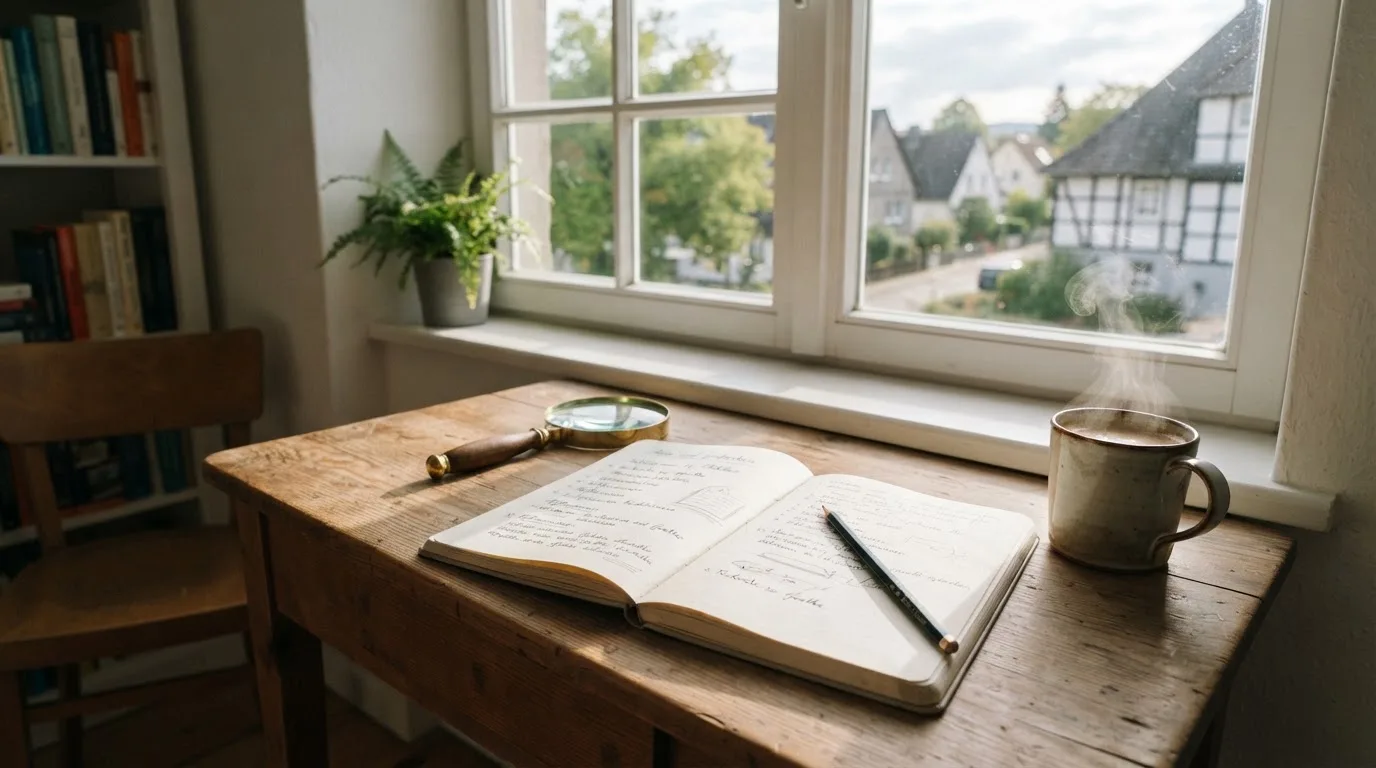 Ein schmaler Schreibtisch am Fenster mit einem Notizbuch, einer Lupe und einem Bleistift im Morgenlicht.