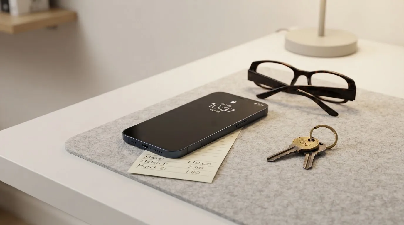 Ein Smartphone liegt mit dunklem Display auf einem Schreibtisch neben einem Schlüsselbund und einer Brille.
