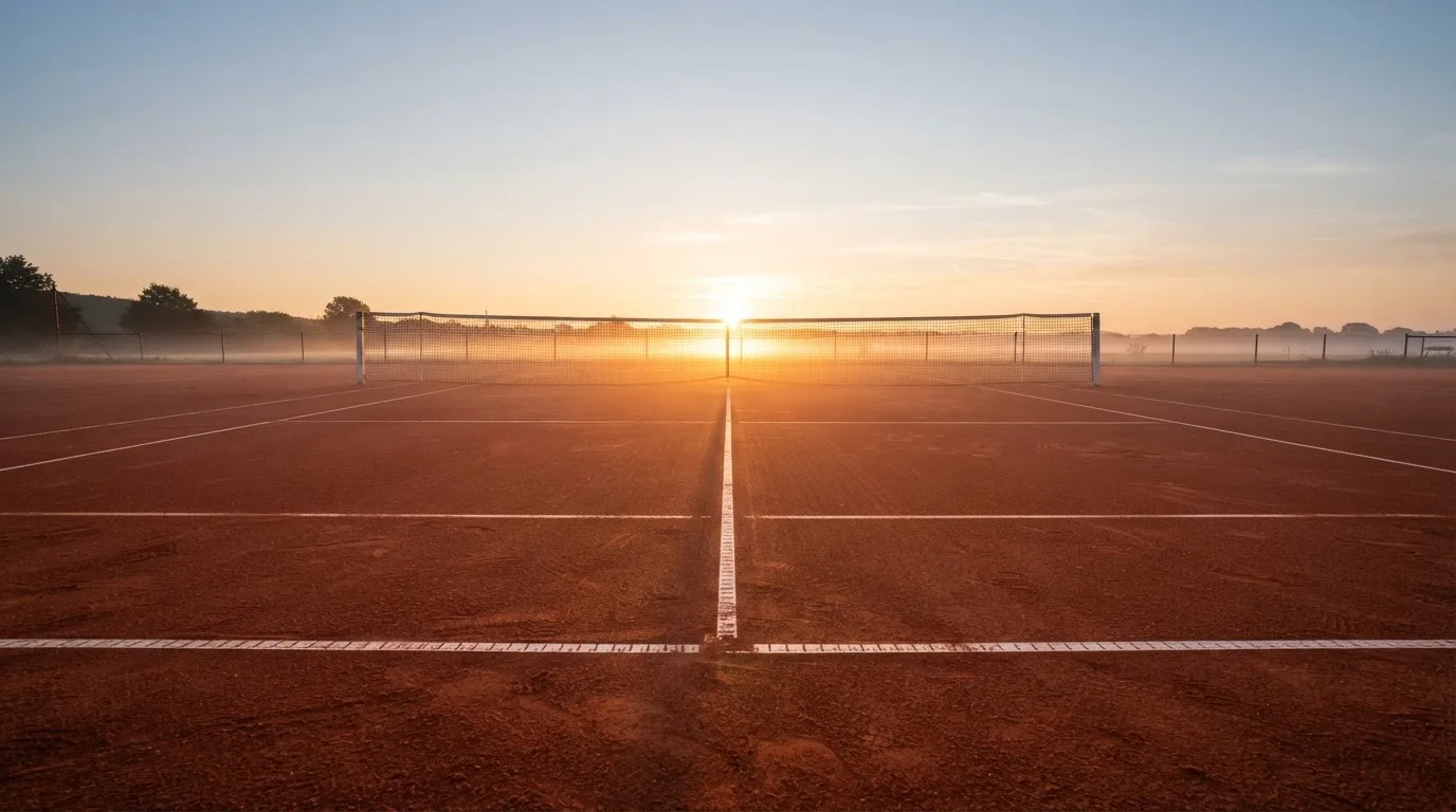 Ein Tennisplatz aus Sand bei Sonnenaufgang, das Netz im Gegenlicht, kein Mensch zu sehen.