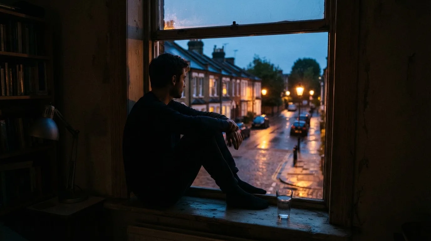 Die Silhouette einer Person sitzt am Abend am Fenster und blickt auf eine Straße, auf dem Fensterbrett steht ein Glas Wasser.