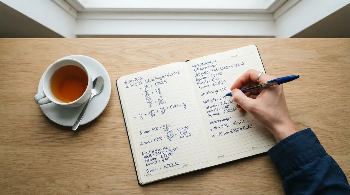 Ein Notizbuch mit handgeschriebenen Rechnungen und ein Taschenrechner auf einem hellen Schreibtisch neben einer Tasse Tee.