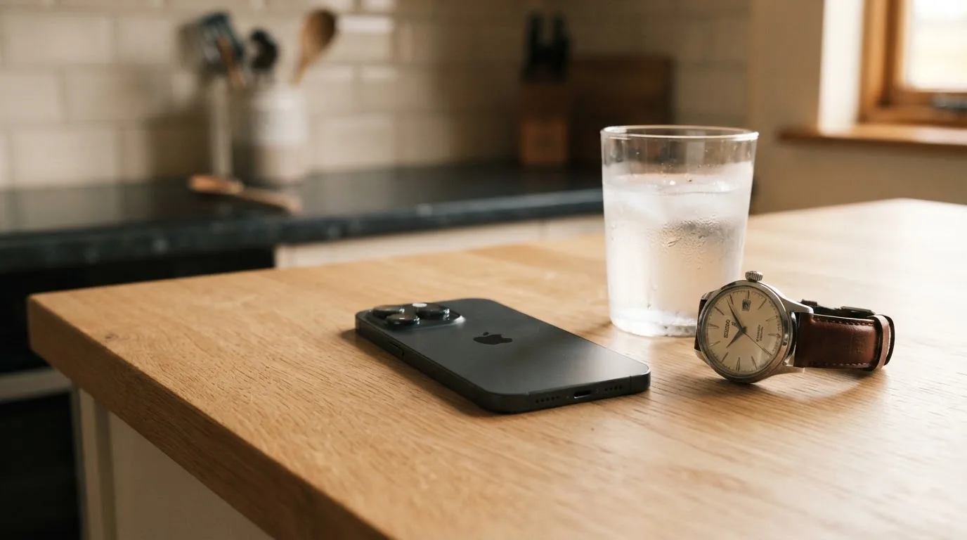 Ein Smartphone liegt mit dem Display nach unten auf einem Küchentisch, daneben stehen ein Glas Wasser und eine Armbanduhr.