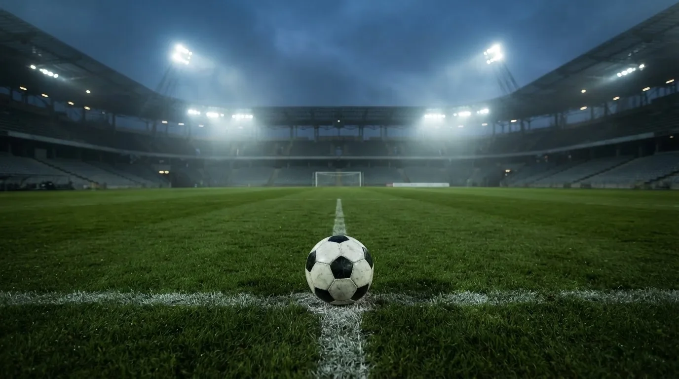 Ein Fußball liegt auf dem Anstoßpunkt eines leeren Rasenplatzes, im Hintergrund steht ein Stadion unter Flutlicht in der Dämmerung.