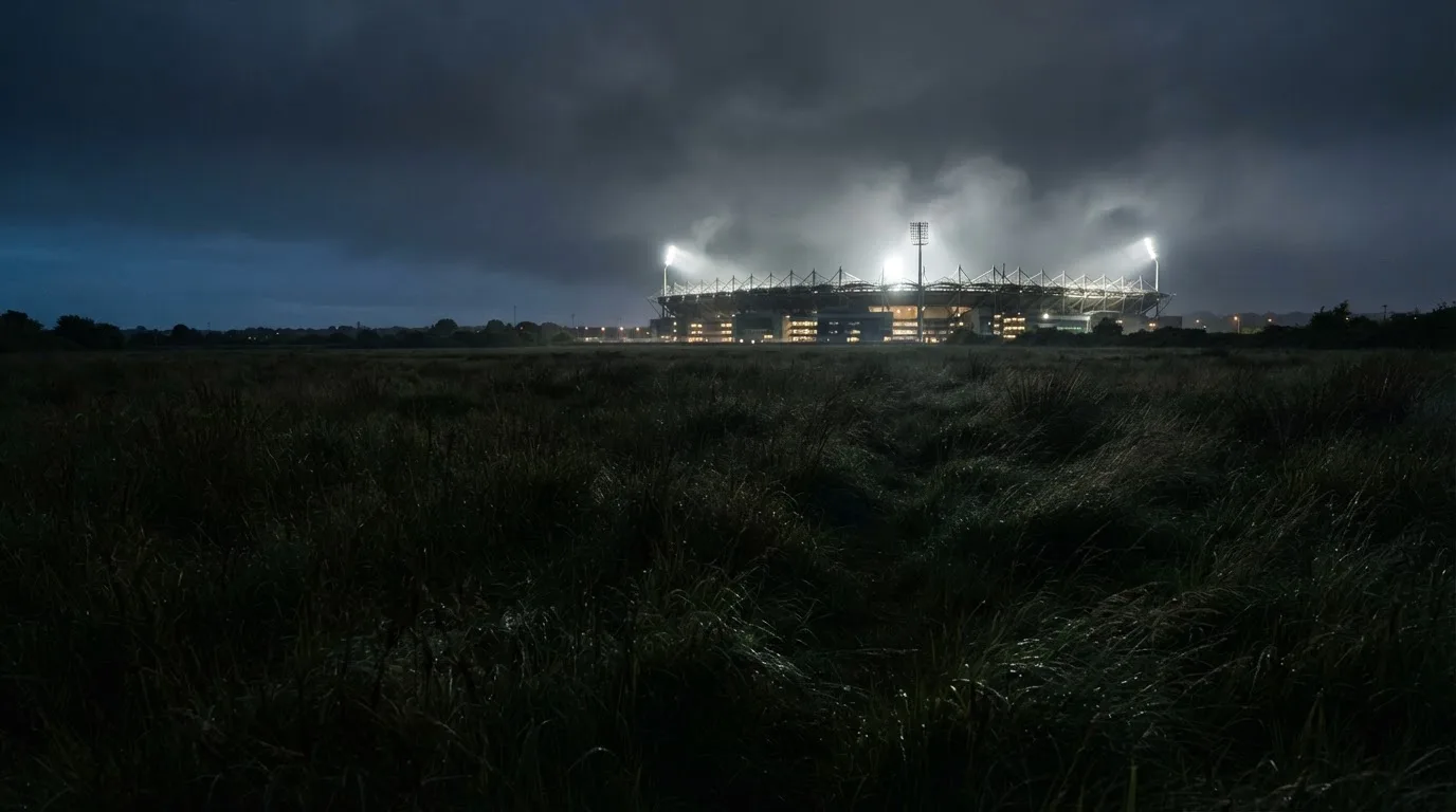 Ein Stadion unter Flutlicht, aus großer Entfernung über eine dunkle Wiese fotografiert, am Himmel zieht Nebel auf.