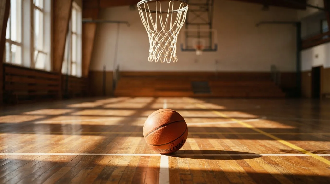 Ein Basketball liegt auf dem Hallenboden unter einem Korb, das Netz hängt ruhig, Morgenlicht fällt durch hohe Fenster.