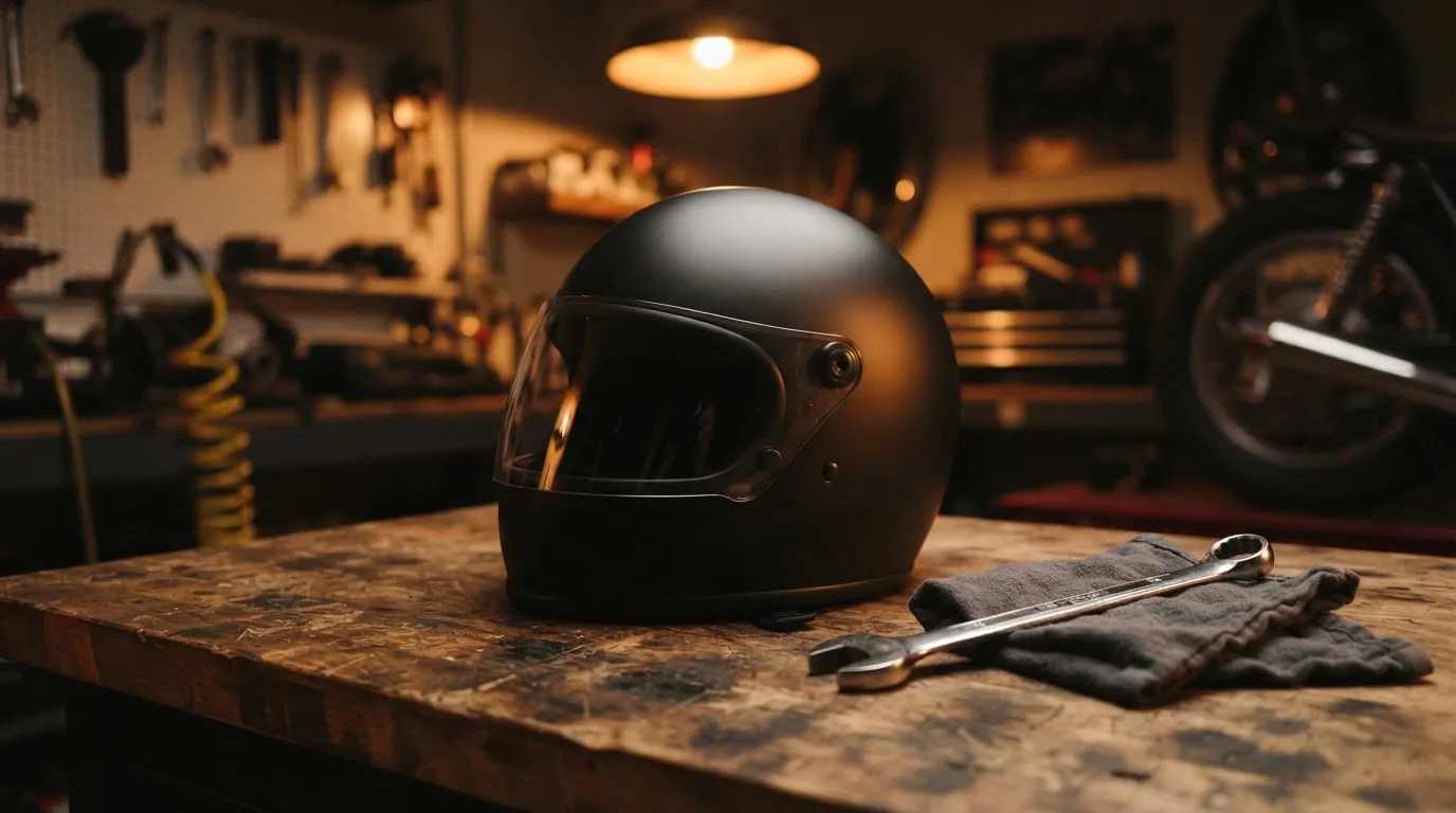 Ein schwarzer Motorradhelm ohne Aufdruck liegt auf einer Werkbank neben einem Schraubenschlüssel, warmes Licht einer Werkstatt.