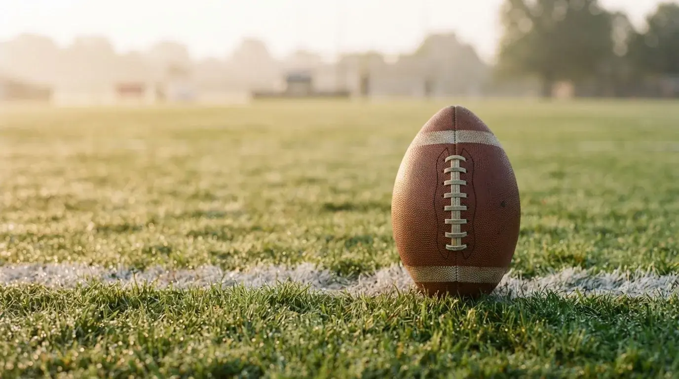 Ein ovaler Lederball mit heller Schnürung liegt auf dem Rasen vor der Endzone, Tau auf dem Gras im ersten Morgenlicht.