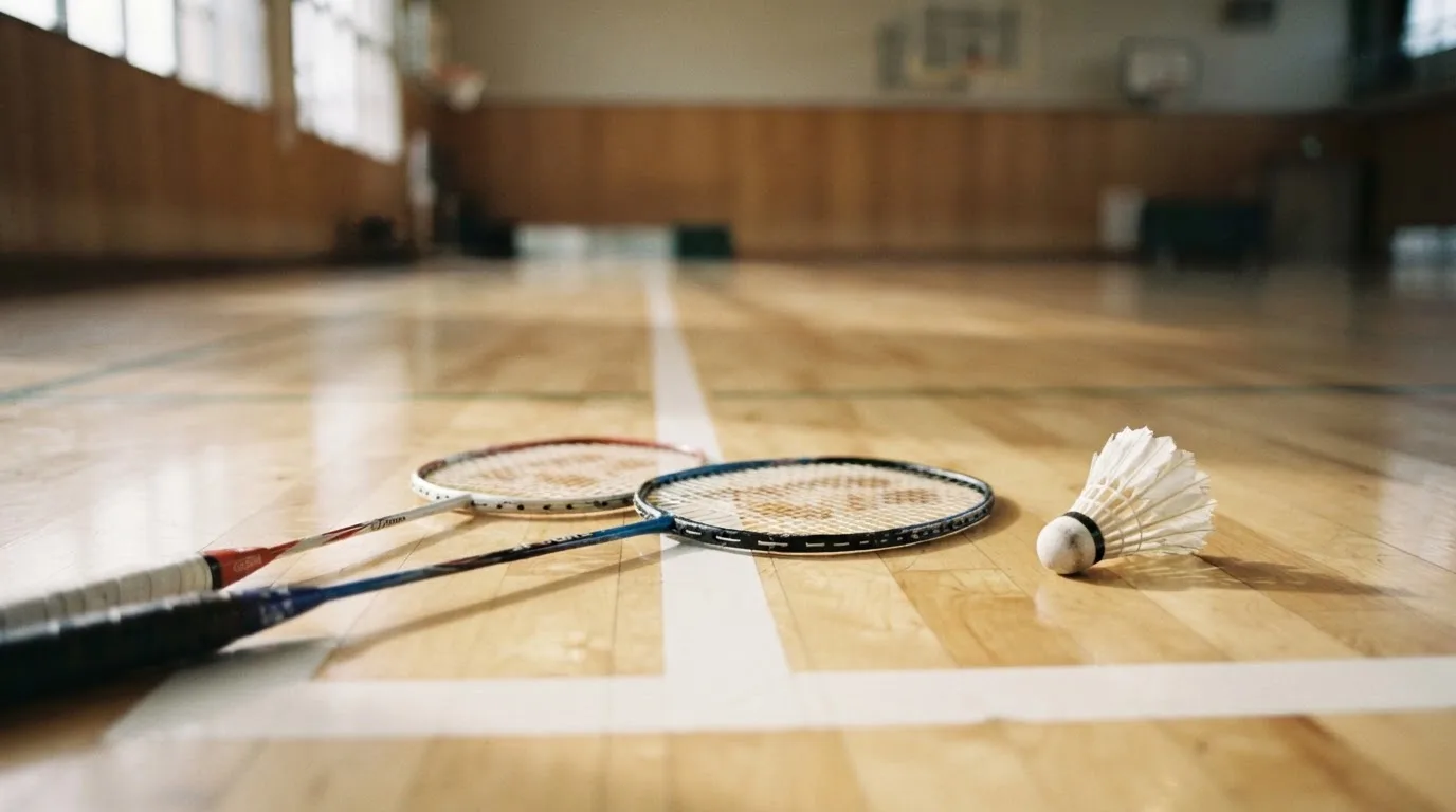 Zwei Badmintonschläger und ein Federball liegen auf einem Holzboden neben der Seitenlinie, weiches Licht fällt von der Seite ein.
