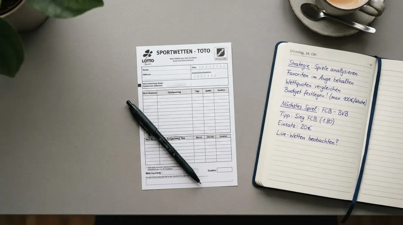 Ein leerer Papierwettschein und ein Kugelschreiber auf einer glatten Schreibtischplatte, daneben ein aufgeschlagenes Notizbuch mit handschriftlichen Notizen.